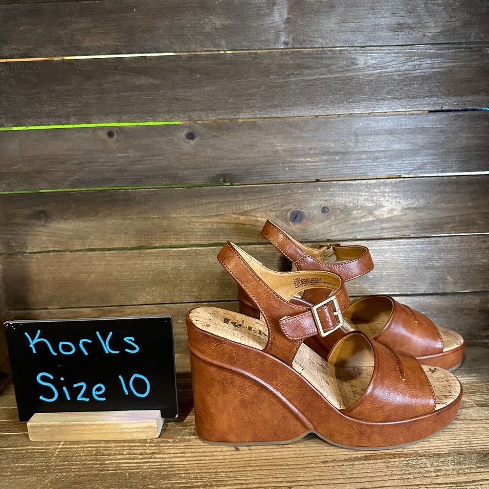 New Womens Kork-Ease Korks‎ Bardot Brown Faux Leather Platform Heeled Sandals 10
